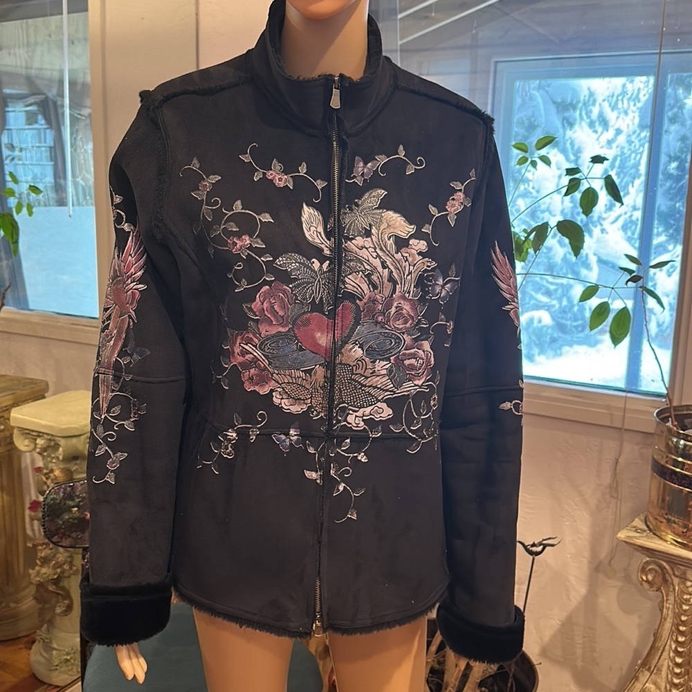 Eivissa faux sheepskin black polyester warm fuzzy jacket zip front Size L.
